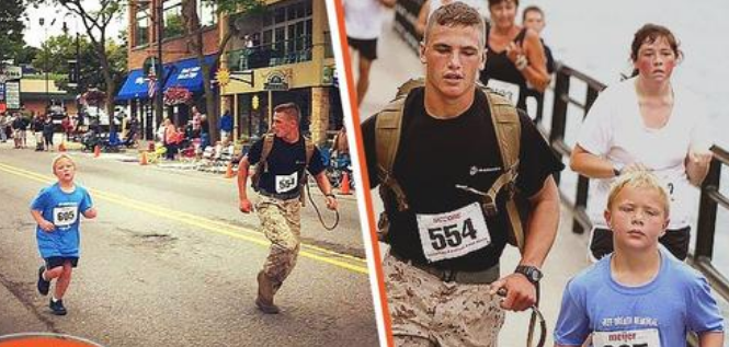 Un marine qui devait remporter un marathon ralentit quand un garçon de neuf ans lui demande 'est ce que tu pourrais courir avec moi ?'